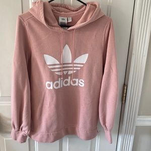 women’s light pink Adidas hoodie, open sides at waist for loose fit